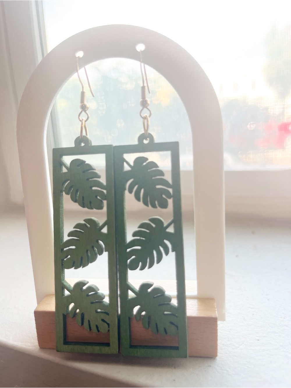 Green Monstera Cutout Rectangle Drop Earrings
